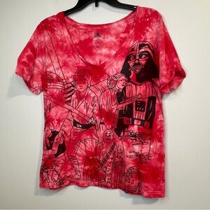 Disney Store Japan Star Wars TShirt Women Red Short Sleeve Tie Dye V Neck Top